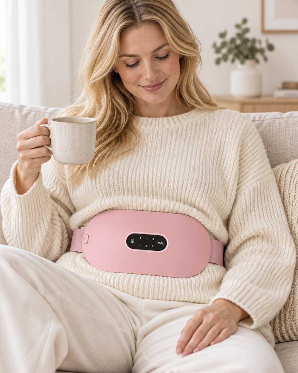 Kvinna i soffan med te och rosa Lumela värmebälte